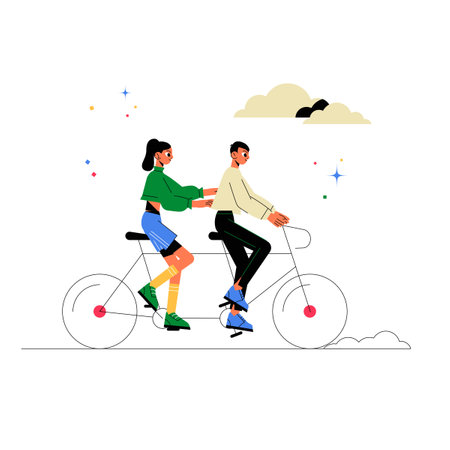 Couple Riding Tandem Bicycle In Flat Vector Illustration Symbolizing Outdoor Activity, Fun, And Togetherness, Isolated On White Background.のイラスト素材