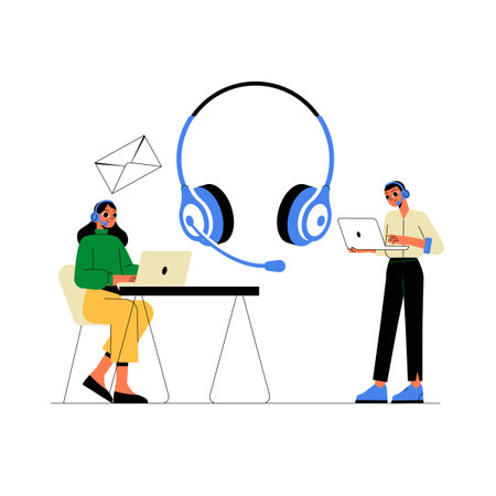Call Center Team With Headphones And Laptops In Flat Vector Illustration Symbolizing Teamwork, Customer Support, And Communication, Isolated On White Background.のイラスト素材