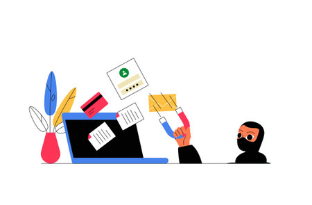 Thief Stealing Data From Laptop In Flat Vector Illustration Symbolizing Cyber Theft And Online Fraud, Isolated On White Backgroundのイラスト素材