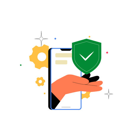 Hand Holding A Shield Symbol Over Smartphone In Flat Vector Illustration Symbolizing Mobile Security, Privacy, And Data Protection, Isolated On White Backgroundのイラスト素材