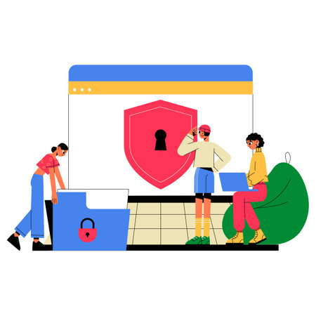 Team With Shield Symbol On Screen In Flat Vector Illustration Symbolizing Cybersecurity, Data Protection, And Team Collaboration, Isolated On White Background.のイラスト素材
