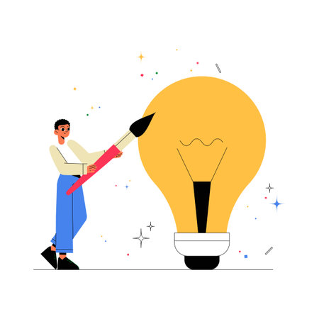 Male Artist Painting Large Lightbulb In Flat Vector Illustration Symbolizing Creativity, Innovation, And Artistry, Isolated On White Backgroundのイラスト素材