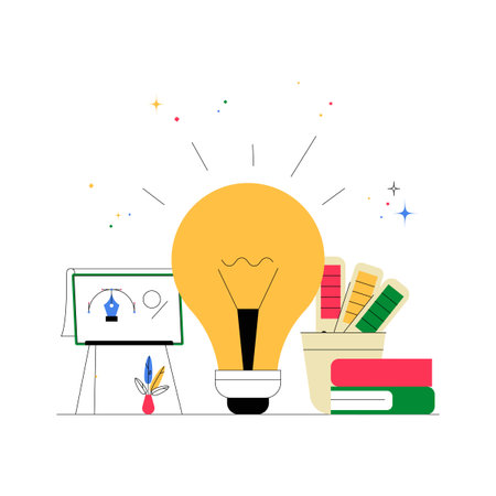 Bright Lightbulb And Design Elements On Desk In Flat Vector Illustration Symbolizing Innovation, Creativity, And Design Concepts, Isolated On White Background.のイラスト素材