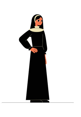 Nun In Traditional Black Attire In Flat Vector Illustration Symbolizing Religious Devotion, Modesty, And Spiritual Faith, Isolated On White Backgroundのイラスト素材