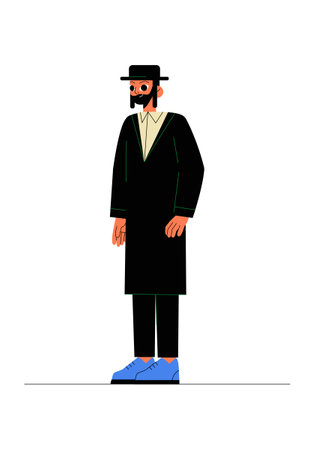 Orthodox Jewish Man In Traditional Attire Standing In Flat Vector Illustration Symbolizing Culture, Faith, And Heritage, Isolated On White Background.のイラスト素材