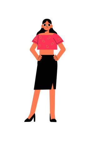 Woman In Pink Crop Top And Black Skirt In Flat Vector Illustration Symbolizing Fashion, Confidence, And Style, Isolated On White Backgroundのイラスト素材