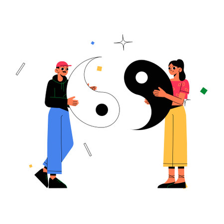 Man And Woman Holding Yin Yang Shapes In Flat Vector Illustration Symbolizing Balance, Unity, And Spirituality, Isolated On White Backgroundのイラスト素材