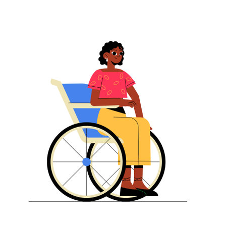 Smiling Woman In Wheelchair Wearing Vibrant Clothing In Flat Vector Illustration Symbolizing Accessibility, Inclusivity, And Empowerment, Isolated On White Backgroundのイラスト素材