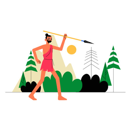 Primitive Man With Spear In Flat Vector Illustration Symbolizing History, Survival, And Ancient Times, Isolated On White Backgroundのイラスト素材