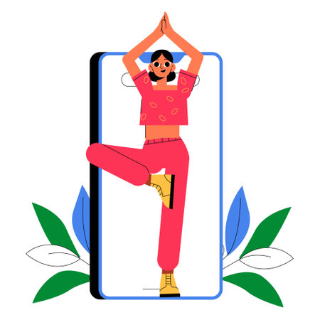 Yoga Practice Tutorial Through Smartphone Screen In Flat Vector Illustration Symbolizing Fitness, Meditation, And Virtual Wellness, Isolated On White Background.のイラスト素材