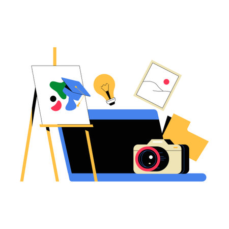 Online Photography Tutorial In Flat Vector Illustration Symbolizing Creativity, Learning, And Digital Education, Isolated On White Background.のイラスト素材