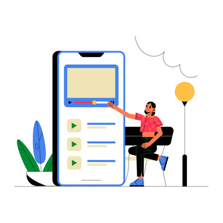 Female Character Using Smartphone To Access Video Courses In Flat Vector Illustration Symbolizing Digital Education, Remote Learning, And E Learning, Isolated On White Background.のイラスト素材