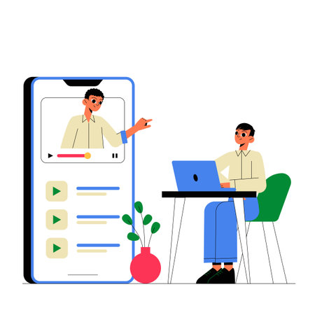 Male Video Creator Explaining Online Content On Mobile And Laptop Screens In Flat Vector Illustration Symbolizing Digital Education And Content Creation, Isolated On White Background.のイラスト素材