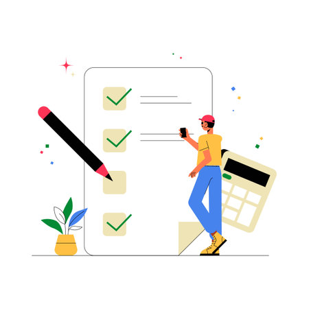 Male Character Checking Items On A To Do List With Calculator In Flat Vector Illustration Symbolizing Organization, Financial Planning, And Task Management, Isolated On White Backgroundのイラスト素材