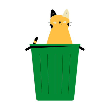 Cat Sitting In Green Trash Bin In Flat Vector Illustration Symbolizing Curiosity, Mischief, And Empty Trash, Isolated On White Backgroundのイラスト素材