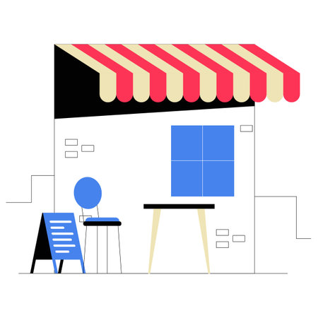 Small Cafe With Outdoor Seating And Chalkboard Menu In Flat Vector Illustration Symbolizing Relaxation, Social Gathering, And Urban Lifestyle, Isolated On White Background.のイラスト素材