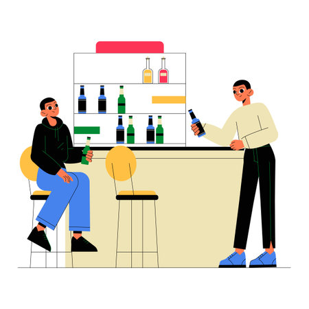 Two Friends At Bar In Flat Vector Illustration Symbolizing Relaxation, Social Interaction, And Leisure, Isolated On White Background.のイラスト素材