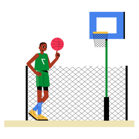 Male Basketball Player Holding Ball Near Hoop In Flat Vector Illustration Symbolizing Sports, Fitness, And Youth Recreation, Isolated On White Background.のイラスト素材