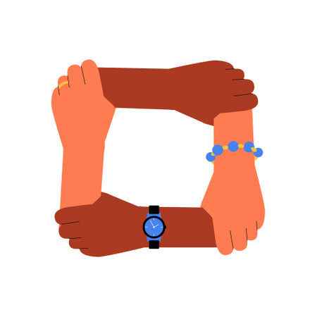 Four Hands Forming A Square In Flat Vector Illustration Symbolizing Unity, Teamwork, And Support, Isolated On White Background.のイラスト素材