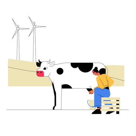 Farmer Milking A Cow With Wind Turbines In Background In Flat Vector Illustration Symbolizing Agriculture, Renewable Energy, And Farming Practices, Isolated On White Background.のイラスト素材