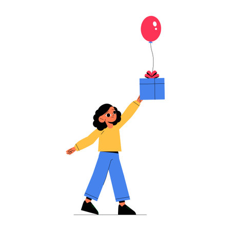 Girl Holding A Balloon With A Gift Box In Flat Vector Illustration Symbolizing Celebration, Joy, And Festive Spirit, Isolated On White Backgroundのイラスト素材