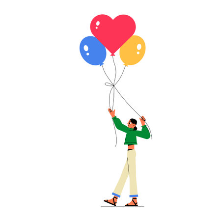 Female Character Holding Balloons In Flat Vector Illustration Symbolizing Celebration, Joy, And Festivity, Isolated On White Background.のイラスト素材