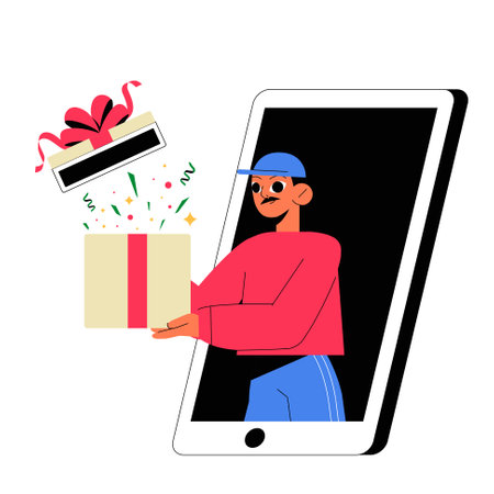 Delivery Through Mobile With Gift In Flat Vector Illustration Symbolizing Online Shopping, Gifting, And Technology, Isolated On White Backgroundのイラスト素材