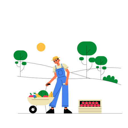 A Farmer With Wheelbarrow In Flat Vector Illustration Symbolizing Farming, Agriculture, And Harvesting, Isolated On White Background.のイラスト素材