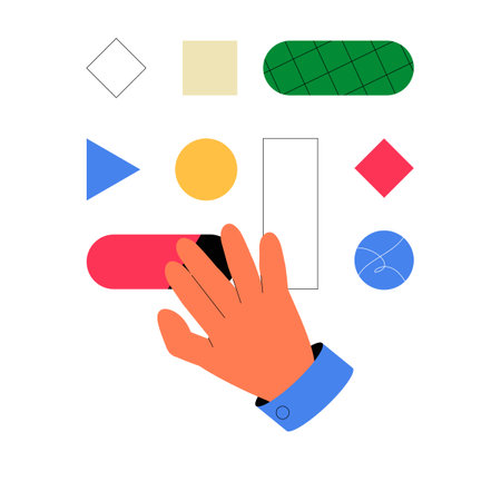 Hand Interacting With Shapes In Flat Vector Illustration Symbolizing Creativity, Design, And Playfulness, Isolated On White Backgroundのイラスト素材