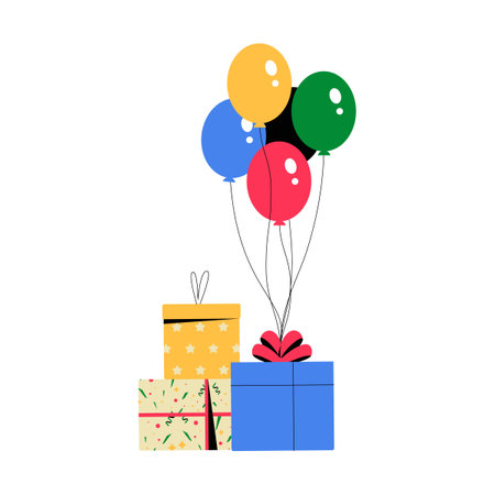Gift Boxes With Balloons In Flat Vector Illustration Symbolizing Celebration, Party Decor, And Gifting, Isolated On White Backgroundのイラスト素材