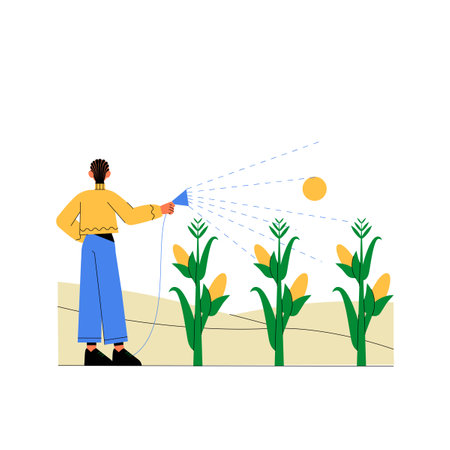 Person Watering Cornfield In Flat Vector Illustration Symbolizing Agriculture, Crop Care, And Farming, Isolated On White Background.のイラスト素材