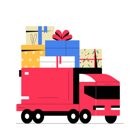 Truck With Stacked Gift Boxes In Flat Vector Illustration Symbolizing Logistics, Holiday Deliveries, And Celebration, Isolated On White Background.のイラスト素材