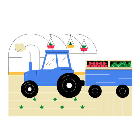 Blue Tractor With Trailer Carrying Vegetables In Greenhouse In Flat Vector Illustration Symbolizing Farming, Agriculture, And Food Production, Isolated On White Background.のイラスト素材