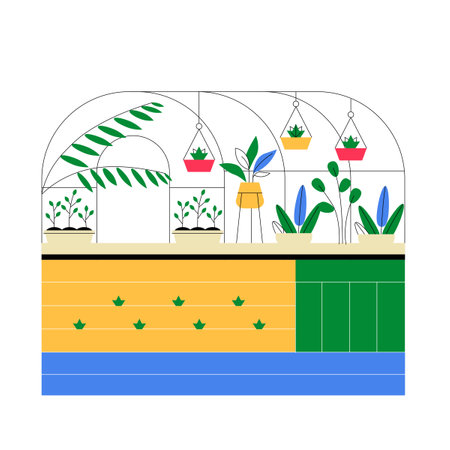 Indoor Greenhouse With Hanging And Potted Plants In Flat Vector Illustration Symbolizing Indoor Gardening, Sustainability, And Home Decor, Isolated On White Backgroundのイラスト素材