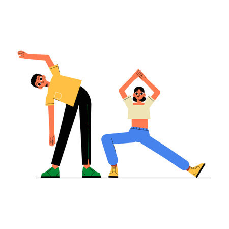 Male And Female Characters Doing Morning Stretching Exercises In Flat Vector Illustration Symbolizing Fitness, Wellness, And A Healthy Morning Routine, Isolated On White Background.のイラスト素材