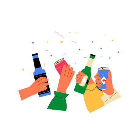 Hands Holding Bottles And Cans In Flat Vector Illustration Symbolizing Celebration, Drinks, And Festivity, Isolated On White Background.のイラスト素材