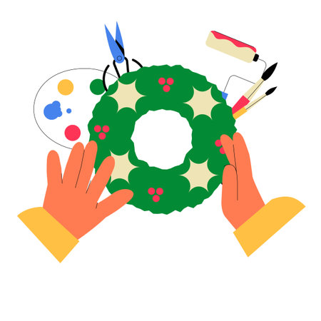 Hands Creating A Holiday Wreath In Flat Vector Illustration Symbolizing Creativity, Festive Spirit, And Holiday Crafting, Isolated On White Backgroundのイラスト素材