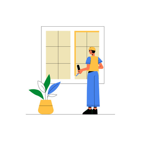 Male Window Cleaner With Squeegee In Flat Vector Illustration Symbolizing Hygiene, Maintenance, And Cleaning Services, Isolated On White Background.のイラスト素材