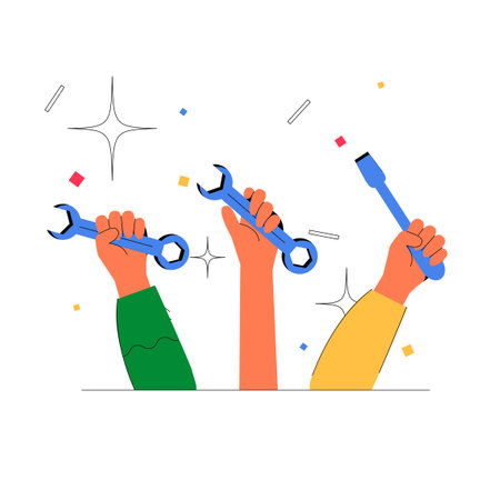Hands Holding Tools In Flat Vector Illustration Symbolizing Teamwork, Repair, And Maintenance, Isolated On White Background.のイラスト素材
