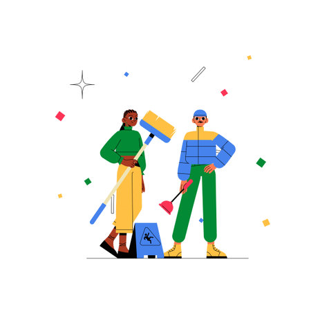 Male And Female Cleaners With Cleaning Tools In Flat Vector Illustration Symbolizing Janitorial Services, Hygiene, And Professional Cleaning, Isolated On White Background.のイラスト素材