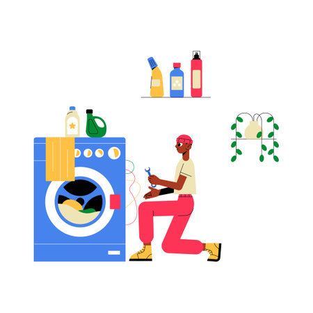 Man Repairing Washing Machine With Laundry Detergents And Plants In Flat Vector Illustration Symbolizing Home Maintenance, Repair, And Household Chores, Isolated On White Background.のイラスト素材