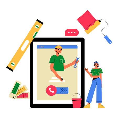 Online Handyman Service Displayed On Tablet With Tools In Flat Vector Illustration Symbolizing Digital Home Improvement Solutions And Repair Assistance, Isolated On White Backgroundのイラスト素材