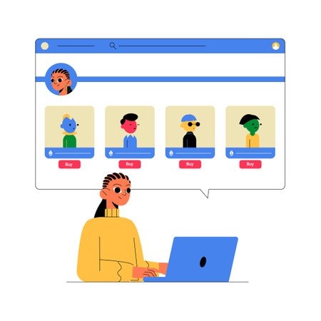 Woman Browsing Digital Avatars In Flat Vector Illustration Symbolizing Online Shopping, Virtual Characters, And Digital Products, Isolated On White Backgroundのイラスト素材