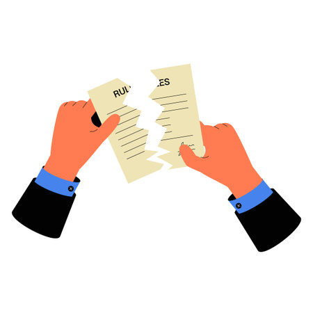 Hands Tearing A Rules Document In Flat Vector Illustration Symbolizing Breaking Rules, Rebellion, And Freedom, Isolated On White Backgroundのイラスト素材
