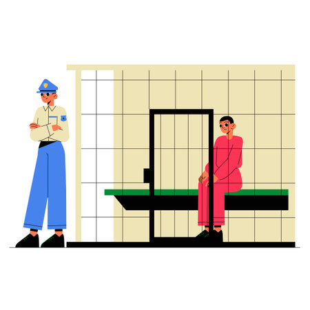 Police Officer Standing Near Male Prisoner In Jail Cell In Flat Vector Illustration Symbolizing Law Enforcement, Crime, And Justice, Isolated On White Background.のイラスト素材
