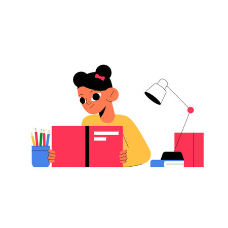 Girl Reading A Book At A Desk With Stationery In Flat Vector Illustration Symbolizing Education, Focus, And Learning, Isolated On White Backgroundのイラスト素材