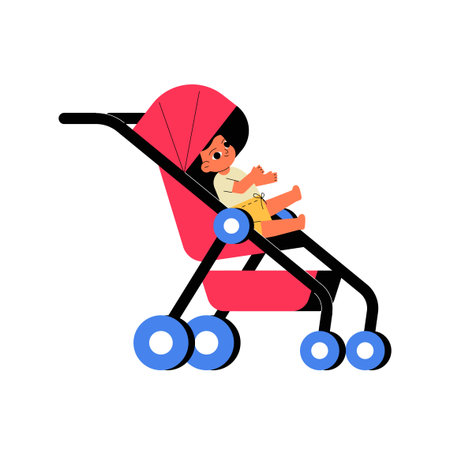 Baby Sitting In Stroller In Flat Vector Illustration Symbolizing Parenting, Child Mobility, And...