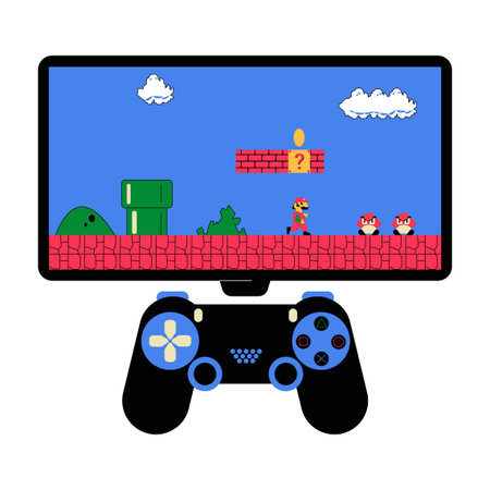 Gaming Console With Video Game Display In Flat Vector Illustration Symbolizing Digital...