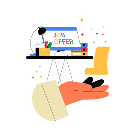 Job Offer And Workplace Setup In Flat Vector Illustration Symbolizing Career Opportunities, Employment, And Professional Success, Isolated On White Backgroundのイラスト素材