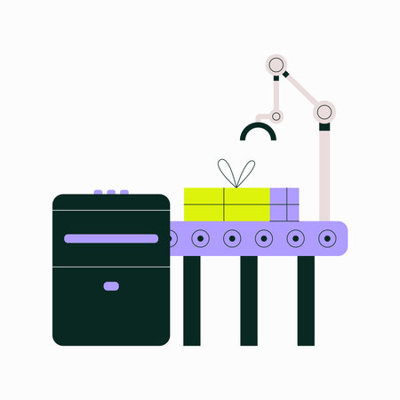 Conveyor Belt Packing Gifts In Flat Vector Illustration Symbolizing Automation, Manufacturing, And...